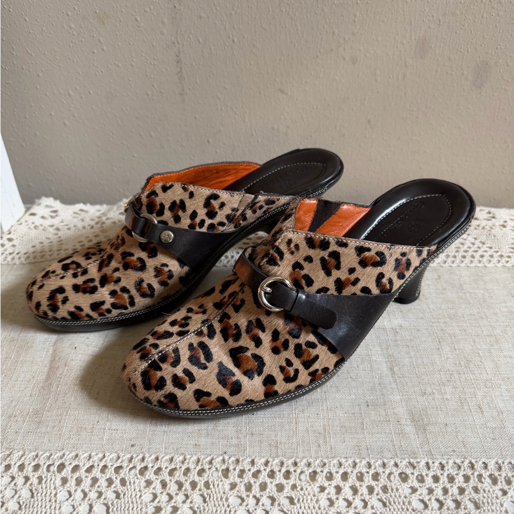 Cole Haan Womens Sz
7.5B Leopard-Print Calf Hair
Leather Heeled Mules Shoes